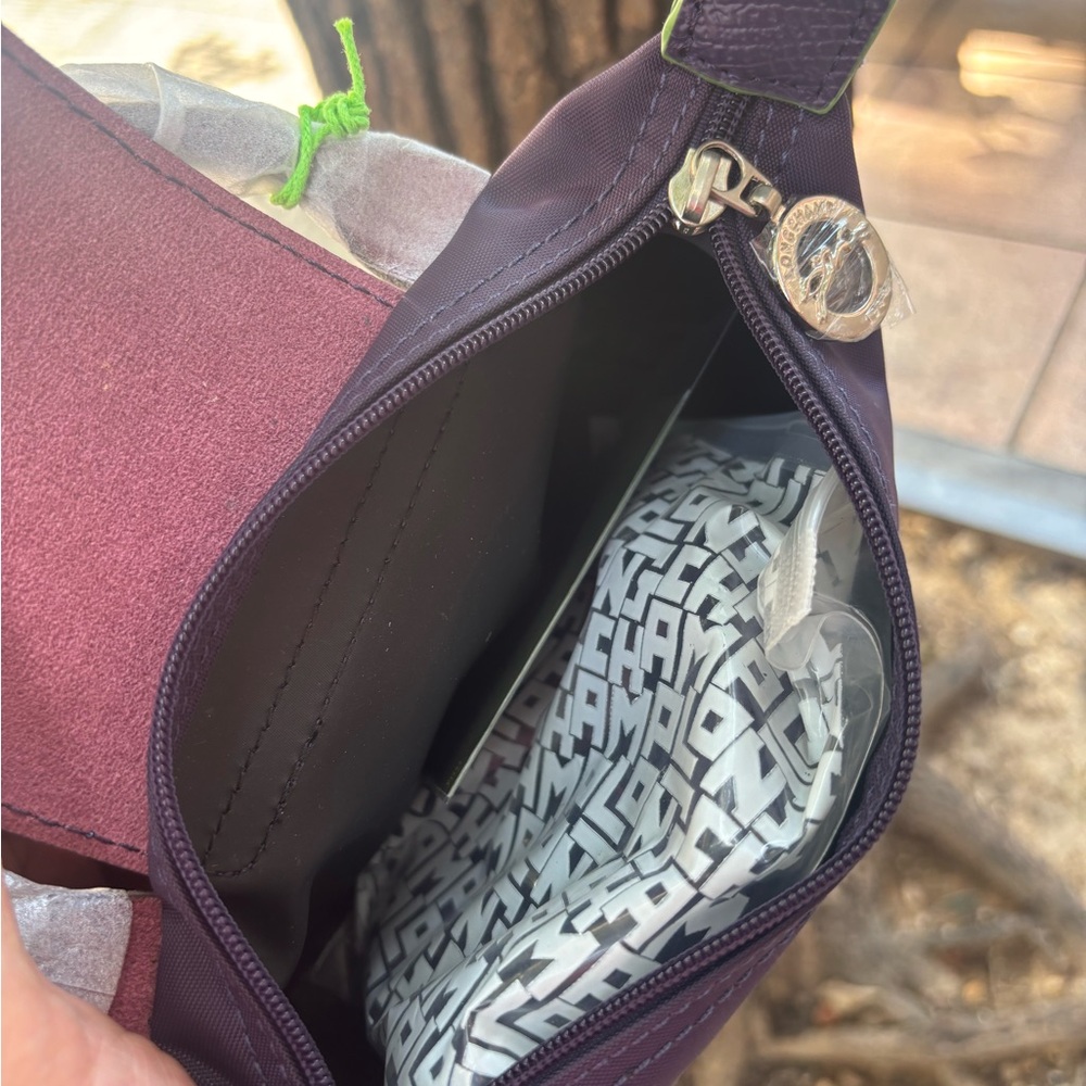 Longchamp mini top-handle bag in plum with neon green trim - Picture 3 of 5